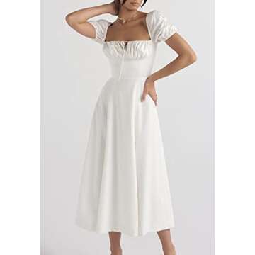 Women's Floral Cottagecore Dress Square Neck Puff Sleeve Boho Slit Maxi Dresses Solid White X-Large