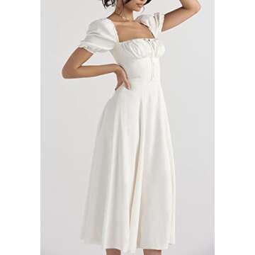 Women's Floral Cottagecore Dress Square Neck Puff Sleeve Boho Slit Maxi Dresses Solid White X-Large