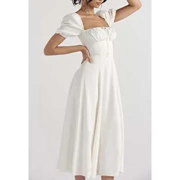 Women's Floral Cottagecore Dress Square Neck Puff Sleeve Boho Slit Maxi Dresses Solid White X-Large