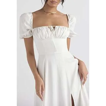 Women's Floral Cottagecore Dress Square Neck Puff Sleeve Boho Slit Maxi Dresses Solid White X-Large