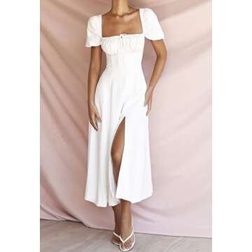 Women's Floral Cottagecore Dress Square Neck Puff Sleeve Boho Slit Maxi Dresses Solid White X-Large