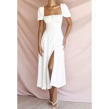 Women's Floral Cottagecore Dress Square Neck Puff Sleeve Boho Slit Maxi Dresses Solid White X-Large