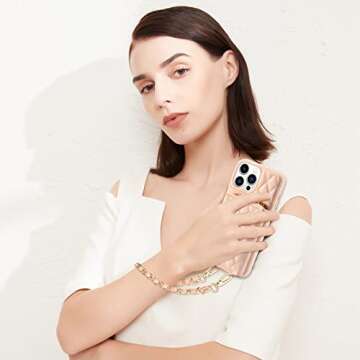 LAMEEKU Wallet Case for iPhone 13 Pro Max - Quilted Leather Crossbody Purse with Card Holder, 6.7 Inch, Nude Pink