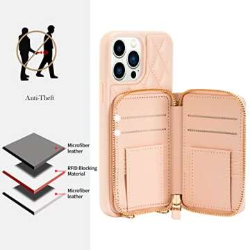 LAMEEKU Wallet Case for iPhone 13 Pro Max - Quilted Leather Crossbody Purse with Card Holder, 6.7 Inch, Nude Pink