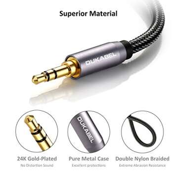 DUKABEL Top Series Audio Cable 8 Feet (2.4 Meters) - Shielded Aux Cable Cord 3.5mm Male to Male Stereo Auxiliary Cable Cord/Crystal-Nylon Braided / 24K Gold Plated / 99.99% 4N OFC Conductor