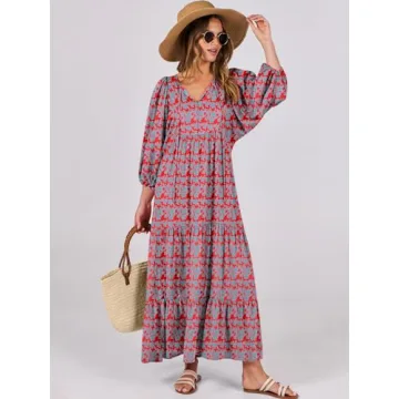 ANRABESS Womens Boho Maxi Dresses 2024 Summer V Neck Puff Sleeve Floral Flowy Swing Casual Long Dress Red Blue X-Large