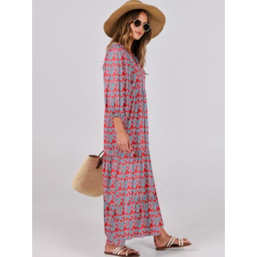 ANRABESS Womens Boho Maxi Dresses 2024 Summer V Neck Puff Sleeve Floral Flowy Swing Casual Long Dress Red Blue X-Large