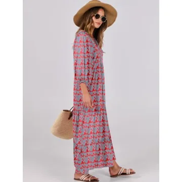 ANRABESS Womens Boho Maxi Dresses 2024 Summer V Neck Puff Sleeve Floral Flowy Swing Casual Long Dress Red Blue X-Large