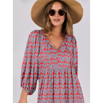 ANRABESS Womens Boho Maxi Dresses 2024 Summer V Neck Puff Sleeve Floral Flowy Swing Casual Long Dress Red Blue X-Large