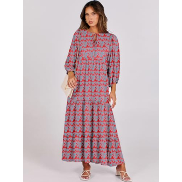 ANRABESS Womens Boho Maxi Dresses 2024 Summer V Neck Puff Sleeve Floral Flowy Swing Casual Long Dress Red Blue X-Large