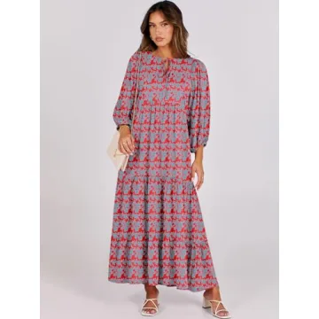 ANRABESS Womens Boho Maxi Dresses 2024 Summer V Neck Puff Sleeve Floral Flowy Swing Casual Long Dress Red Blue X-Large