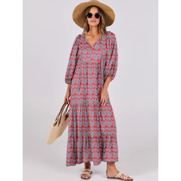 ANRABESS Womens Boho Maxi Dresses 2024 Summer V Neck Puff Sleeve Floral Flowy Swing Casual Long Dress Red Blue X-Large