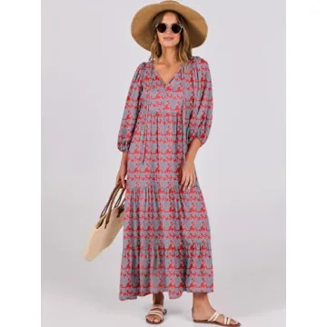 ANRABESS Womens Boho Maxi Dresses 2024 Summer V Neck Puff Sleeve Floral Flowy Swing Casual Long Dress Red Blue X-Large