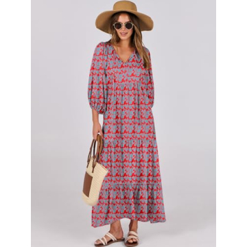 ANRABESS Womens Boho Maxi Dresses 2024 Summer V Neck Puff Sleeve Floral Flowy Swing Casual Long Dress Red Blue X-Large