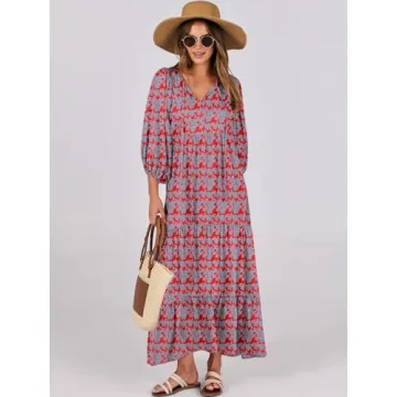 ANRABESS Womens Boho Maxi Dresses 2024 Summer V Neck Puff Sleeve Floral Flowy Swing Casual Long Dress Red Blue X-Large