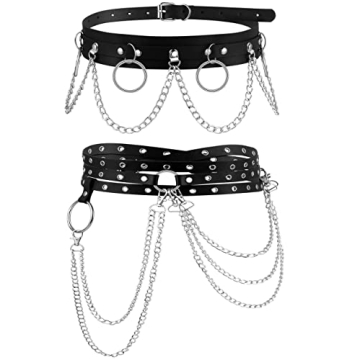 LOREMOW 2 Pcs Black Leather Waist Chain Belt Womens Punk Waist Belly Chain Layered Goth Body Chain N...