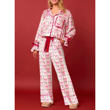 Leyajedol Women Silk Christmas Pajamas 2 Piece Satin Ribbon Tie Front Pjs Xmas Graphic Long Sleeve Shirt Pants Set Sleepwear