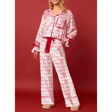 Leyajedol Women Silk Christmas Pajamas 2 Piece Satin Ribbon Tie Front Pjs Xmas Graphic Long Sleeve Shirt Pants Set Sleepwear