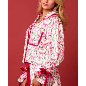 Leyajedol Women Silk Christmas Pajamas 2 Piece Satin Ribbon Tie Front Pjs Xmas Graphic Long Sleeve Shirt Pants Set Sleepwear