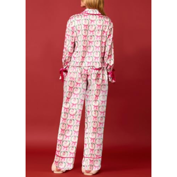 Leyajedol Women Silk Christmas Pajamas 2 Piece Satin Ribbon Tie Front Pjs Xmas Graphic Long Sleeve Shirt Pants Set Sleepwear