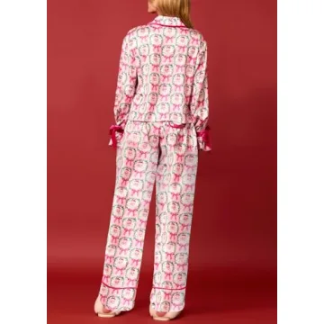 Leyajedol Women Silk Christmas Pajamas 2 Piece Satin Ribbon Tie Front Pjs Xmas Graphic Long Sleeve Shirt Pants Set Sleepwear