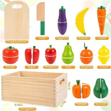 Wooden Play Food for Toddlers, Velcro Fruit and Veggies Cutting Set for Kids, Pretend Food Play Kitchen Accessories for 3 4 5 6 7 Years Old Boys & Girls
