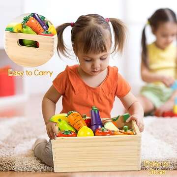 Wooden Play Food for Toddlers, Velcro Fruit and Veggies Cutting Set for Kids, Pretend Food Play Kitchen Accessories for 3 4 5 6 7 Years Old Boys & Girls
