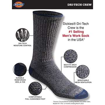Dickies Men's Dri-Tech Original Moisture Control Crew Socks, Available in M-XXL (6, 12, 18, Heathered Colors (6 Pairs), Large