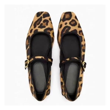 DOEYG Leopard Ballet Flats Shoes for Women Animal Print Velvet Mary Jane Flats Shoes Square Toe Dressy Casual Comfortable Suede Ballerina Shoes with Buckle Strap