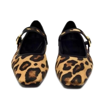 DOEYG Leopard Ballet Flats Shoes for Women Animal Print Velvet Mary Jane Flats Shoes Square Toe Dressy Casual Comfortable Suede Ballerina Shoes with Buckle Strap