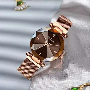 MASTOP Fashion Women Rose Gold Watch Japan Quartz Stainless Steel Magnetic Mesh Band Waterproof Ladies Watches (Brown)