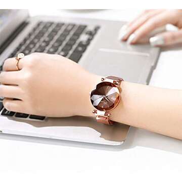 MASTOP Fashion Women Rose Gold Watch Japan Quartz Stainless Steel Magnetic Mesh Band Waterproof Ladies Watches (Brown)