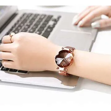 MASTOP Fashion Women Rose Gold Watch Japan Quartz Stainless Steel Magnetic Mesh Band Waterproof Ladies Watches (Brown)