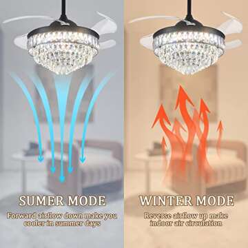 CLAIRDAI 42''Dimmable Fandelier Crystal Chandelier Ceiling Fan Retractable Ceiling Fan with Lights and Remote 6 Speed, 3 Light Change Retractable Blade Chandelier Ceiling Fan for Bedroom