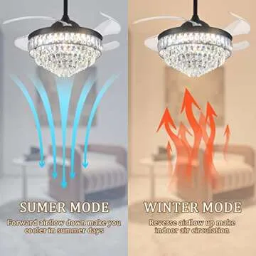 CLAIRDAI 42''Dimmable Fandelier Crystal Chandelier Ceiling Fan Retractable Ceiling Fan with Lights and Remote 6 Speed, 3 Light Change Retractable Blade Chandelier Ceiling Fan for Bedroom