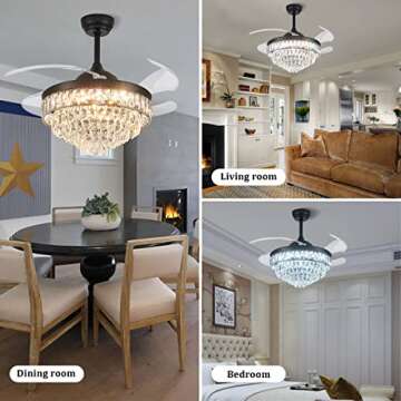 CLAIRDAI 42''Dimmable Fandelier Crystal Chandelier Ceiling Fan Retractable Ceiling Fan with Lights and Remote 6 Speed, 3 Light Change Retractable Blade Chandelier Ceiling Fan for Bedroom