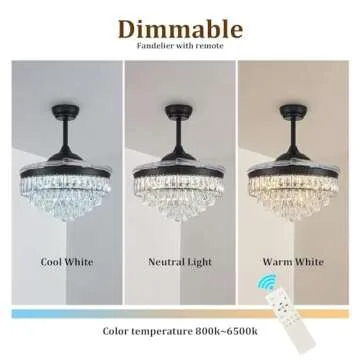 CLAIRDAI 42''Dimmable Fandelier Crystal Chandelier Ceiling Fan Retractable Ceiling Fan with Lights and Remote 6 Speed, 3 Light Change Retractable Blade Chandelier Ceiling Fan for Bedroom