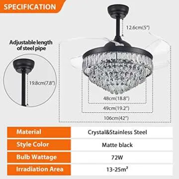 CLAIRDAI 42''Dimmable Fandelier Crystal Chandelier Ceiling Fan Retractable Ceiling Fan with Lights and Remote 6 Speed, 3 Light Change Retractable Blade Chandelier Ceiling Fan for Bedroom