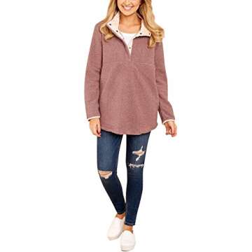 GRAPENT Women's Casual Long Sleeves Stand Collar Buttons Pockets Fleece Pullover