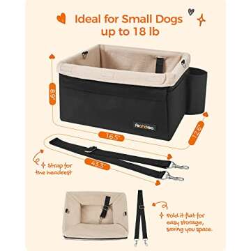Feandrea Dog Car Seat, Pet Booster Seat for Small Dogs up to 18 lb, with Adjustable Straps, Removable Washable Fleece Liner, 4 Pockets, for Front Seats, Back Seats, Black and Beige UPBS042B01