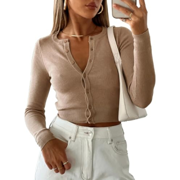 Purple Pocket Cardigan Sweaters for Women - Stylish Cropped Crew Neck Cardigan