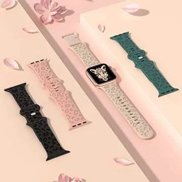 3 Pack Leopard Engraved Band Compatible with Apple Watch Band 41mm 40mm 38mm 45m 44mm 42mm Women Men, Cheetah Printed Soft Silicone Straps for iWatch Series 8 7 SE 6 5 4 3 2 1, Black/Gray/Sand Pink