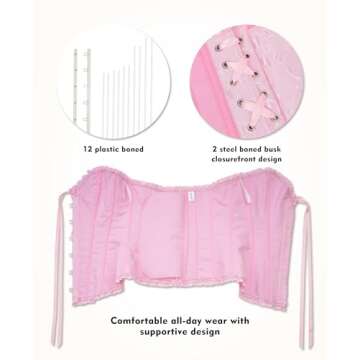 SZIVYSHI Pink Corset for Women - Bustier Shapewear Lingerie - Strapless Vintage Victorian Overbust Fashion Lace Waist Bodice for Night Out - Size M