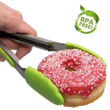 LUCENTEE 9" Salad Tongs/12" Barbecue (BBQ) Tongs Stainless Steel Food Tongs with Silicone Tips for Extra Grip, Apple Green, 2 Piece