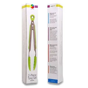 LUCENTEE 9" Salad Tongs/12" Barbecue (BBQ) Tongs Stainless Steel Food Tongs with Silicone Tips for Extra Grip, Apple Green, 2 Piece