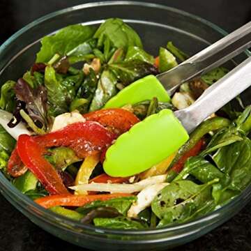 LUCENTEE 9" Salad Tongs/12" Barbecue (BBQ) Tongs Stainless Steel Food Tongs with Silicone Tips for Extra Grip, Apple Green, 2 Piece