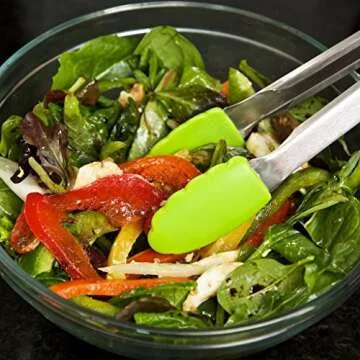 LUCENTEE 9" Salad Tongs/12" Barbecue (BBQ) Tongs Stainless Steel Food Tongs with Silicone Tips for Extra Grip, Apple Green, 2 Piece