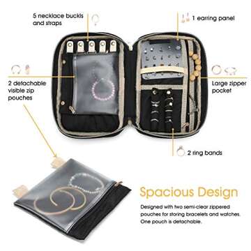 ProCase Travel Jewelry Organizer Case for Women, Soft Padded Jewelry Storage Bag Carrying Case Pouch for Rings, Bracelet, Earring, Chains, Necklace Holder -Black