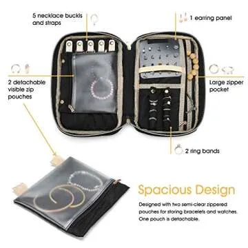 ProCase Travel Jewelry Organizer Case for Women, Soft Padded Jewelry Storage Bag Carrying Case Pouch for Rings, Bracelet, Earring, Chains, Necklace Holder -Black