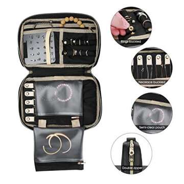 ProCase Travel Jewelry Organizer Case for Women, Soft Padded Jewelry Storage Bag Carrying Case Pouch for Rings, Bracelet, Earring, Chains, Necklace Holder -Black